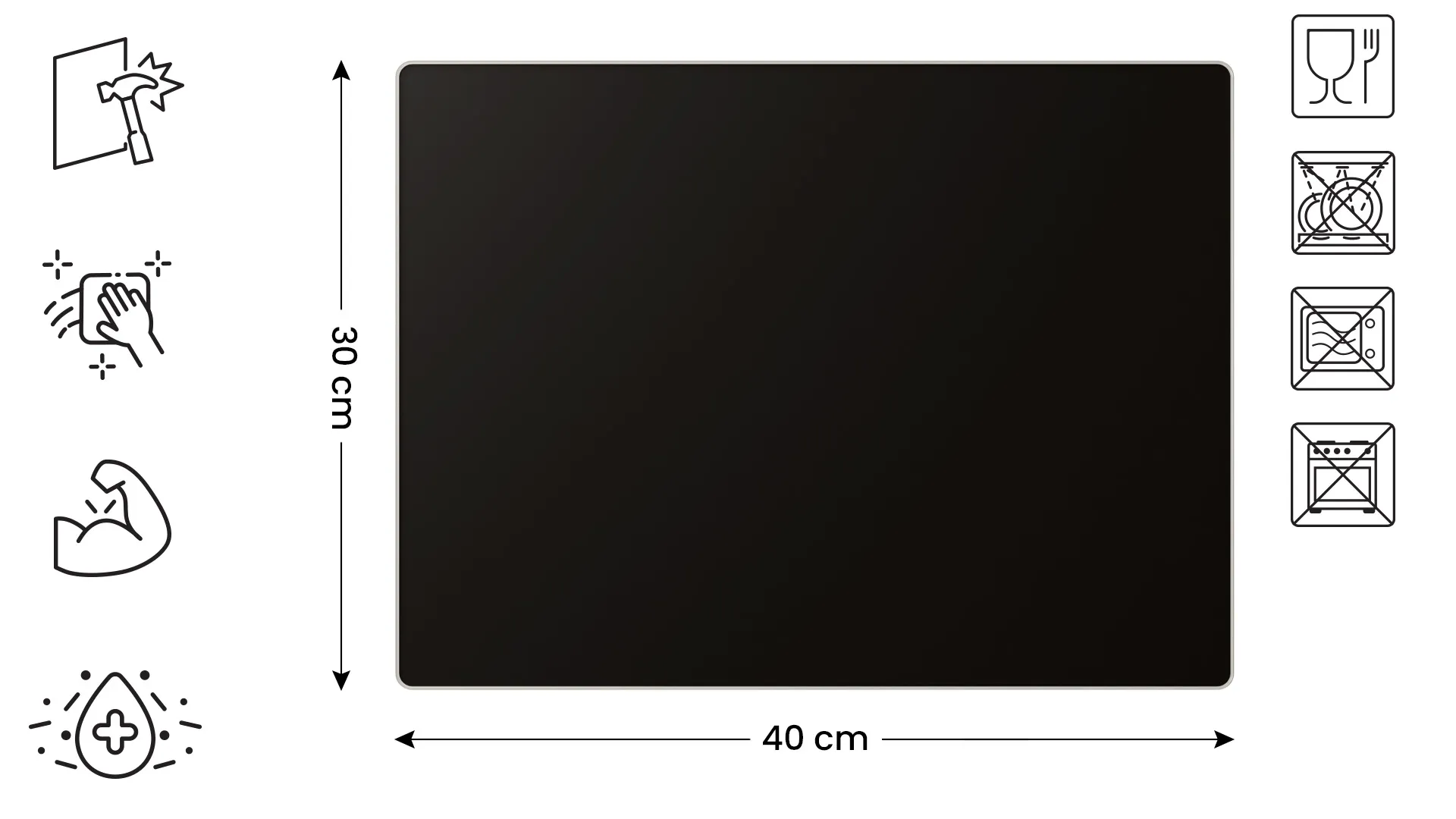 Tagliere in Vetro Universale NERO 30x40cm Protezione per Piani Cottura, Piano di Lavoro, in Vetro Temperato, Decorazione Cucina - immagine 2