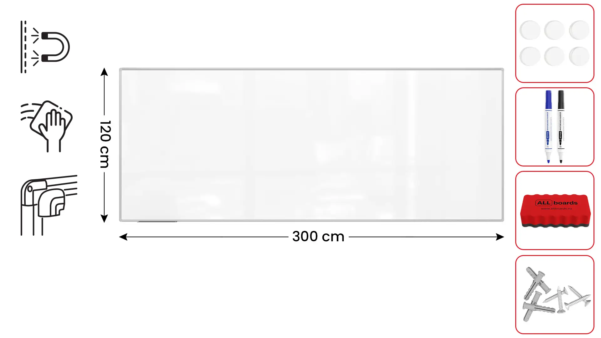 Lavagna magnetica bianca cancellabile a secco (cornice in alluminio EXPO) 300x120cm + SET DI ACCESSORI - immagine 2