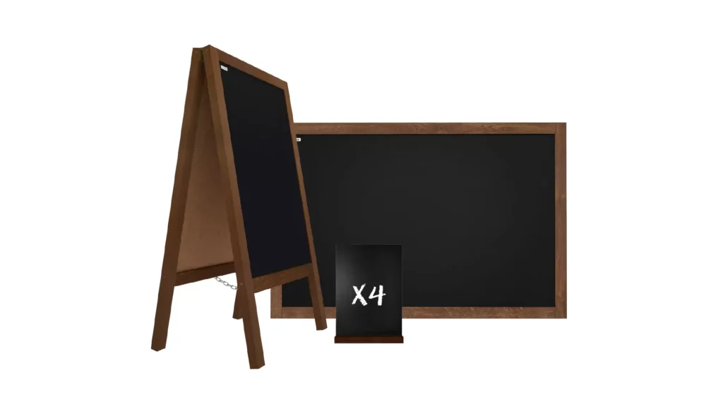 Set “legno laccato” – Lavagna con cavalletto 118x61cm, lavagna per gesso 90x60cm, lavagnette per gesso formato A5 4pz.