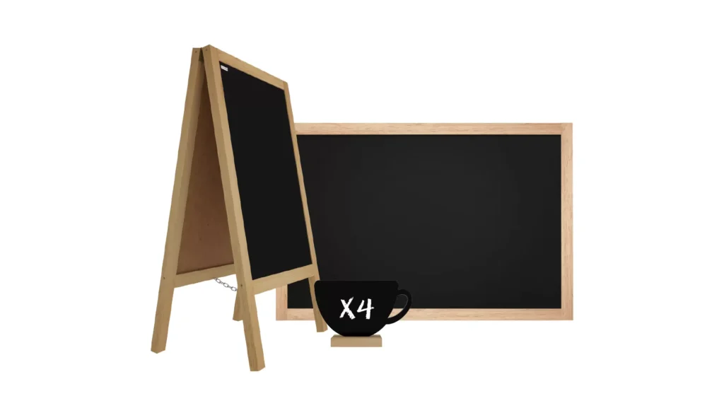 Set “legno naturale” – Lavagna con cavalletto 118x61cm, lavagna per gesso 90x60cm, lavagnette per gesso forma TAZZINA DI CAFFE’ 4pz.