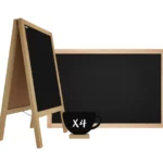 Set “legno naturale” – Lavagna con cavalletto 118x61cm, lavagna per gesso 90x60cm, lavagnette per gesso forma TAZZINA DI CAFFE’ 4pz.
