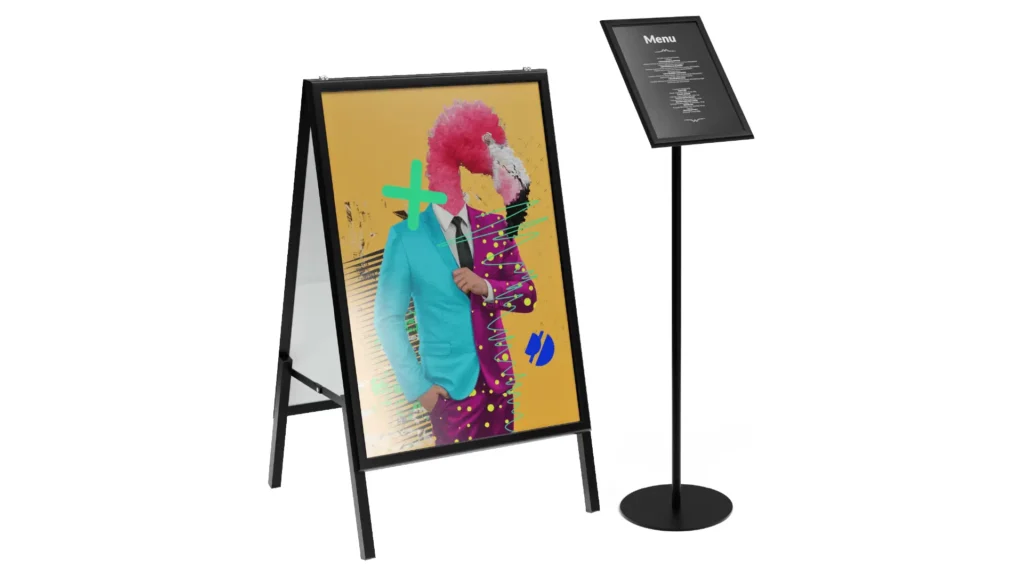 Set espositori – Espositore pubblicitario A2 a scatto, espositore porta menù A4 a scatto