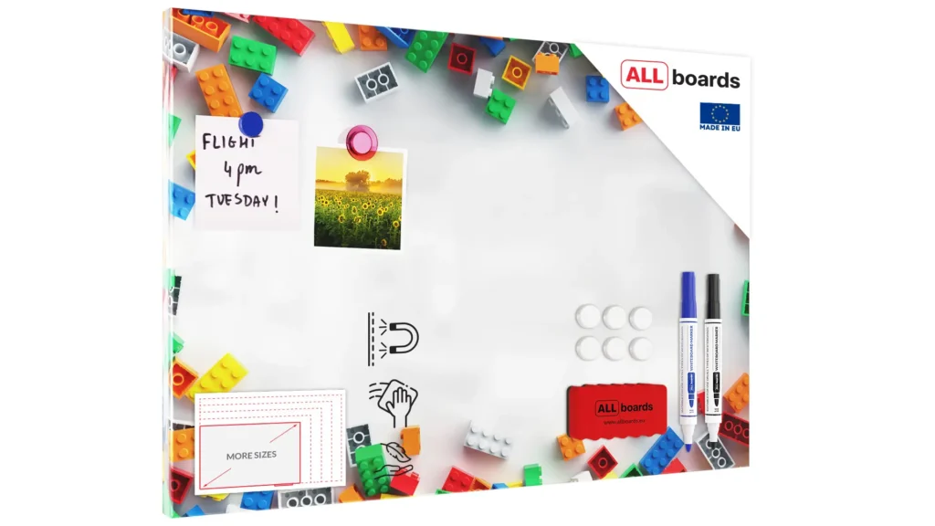 Lavagna magnetica in acciaio MATTONCINI COSTRUZIONI CON MATTONCINI 60x40 cm MetalBoards lastra con stampa adatta per tutti i tipi di calamite + set di accessori GRATIS