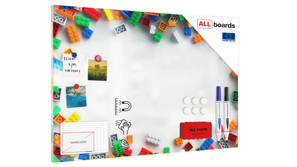 Lavagna magnetica in acciaio MATTONCINI COSTRUZIONI CON MATTONCINI 90x60 cm MetalBoards lastra con stampa adatta per tutti i tipi di calamite + set di accessori GRATIS