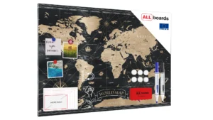 Lavagna magnetica in acciaio MAPPA DEL MONDO NERA VINTAGE CLASSICA STATI E CAPITALI 90x60 cm MetalBoards lastra con stampa adatta per tutti i tipi di calamite + set di accessori GRATIS