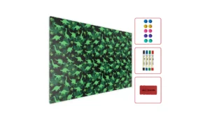 Lavagna magnetica in acciaio DINOSAURI FLUORESCIENTI NEON 90x60 cm MetalBoards lastra con stampa adatta per tutti i tipi di calamite + set di accessori GRATIS