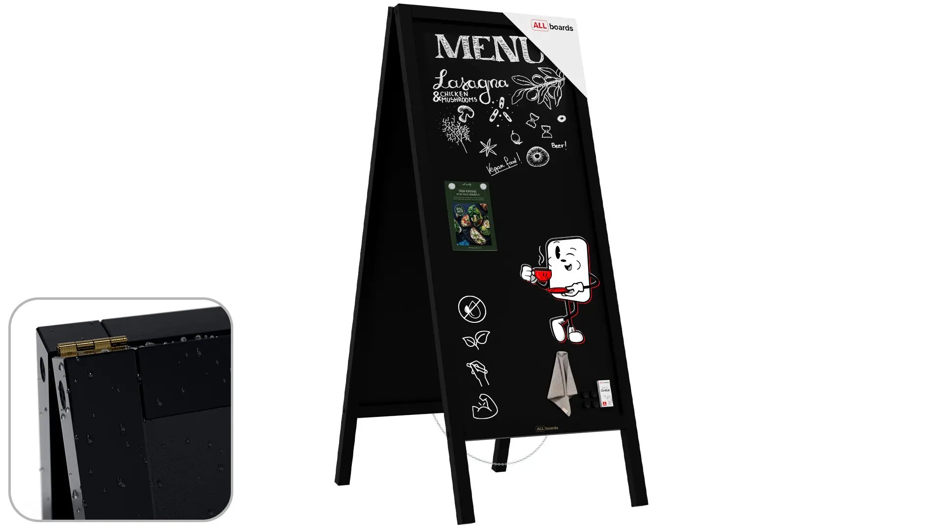 Lavagna per gesso magnetica con cavalletto 150x61 cm RESISTENTE ALL'ACQUA - NERO + ACCESSORI
