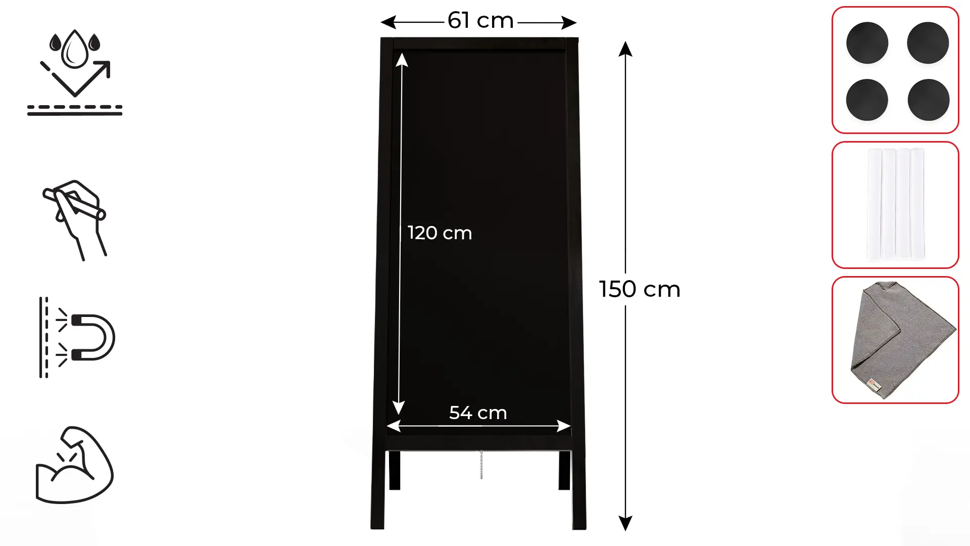 Lavagna per gesso magnetica con cavalletto 150x61 cm RESISTENTE ALL'ACQUA - NERO + ACCESSORI - immagine 2
