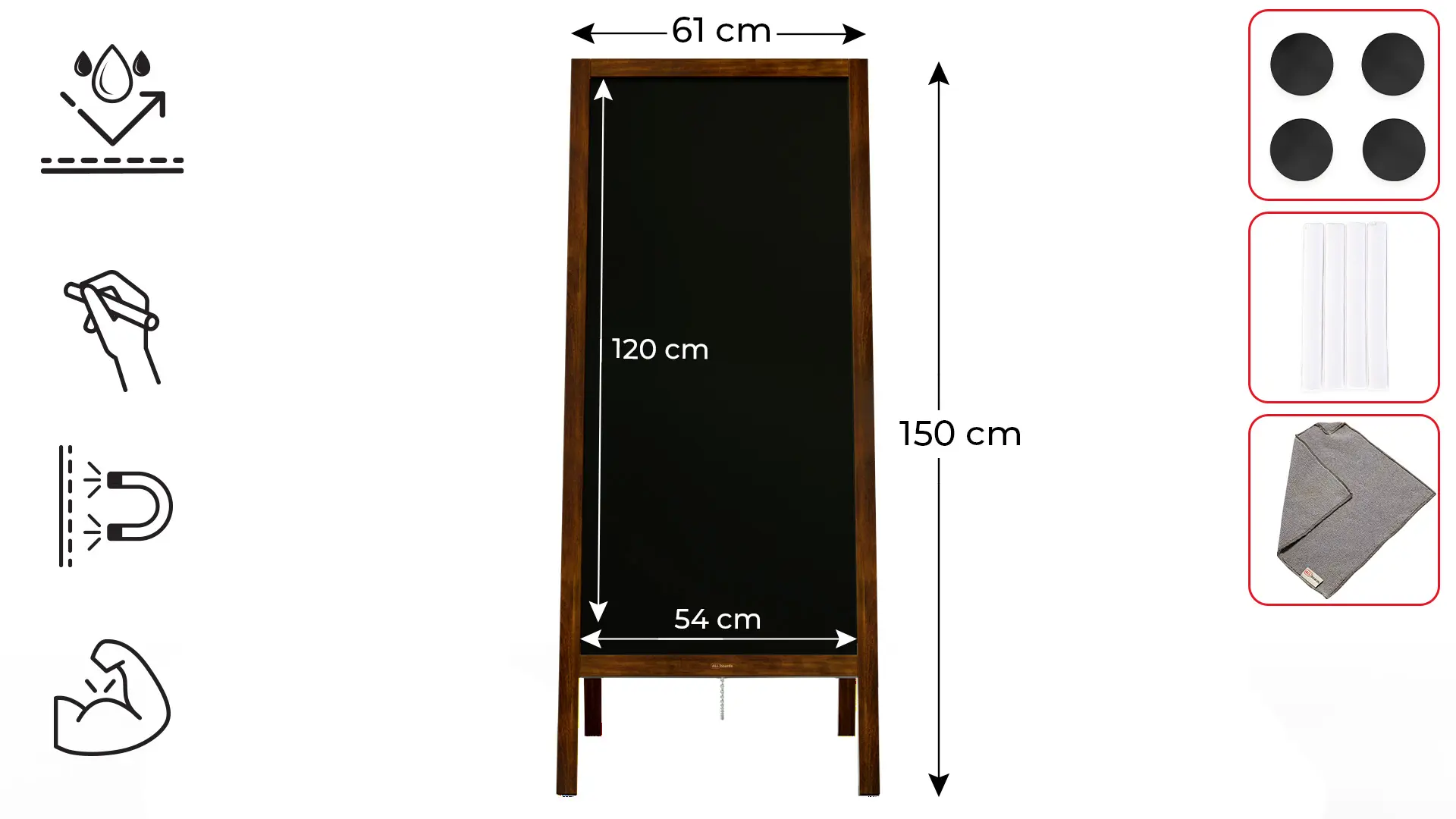 Lavagna per gesso magnetica con cavalletto 150x61 cm RESISTENTE ALL'ACQUA - MARRONE CLASSICO + ACCESSORI - immagine 2