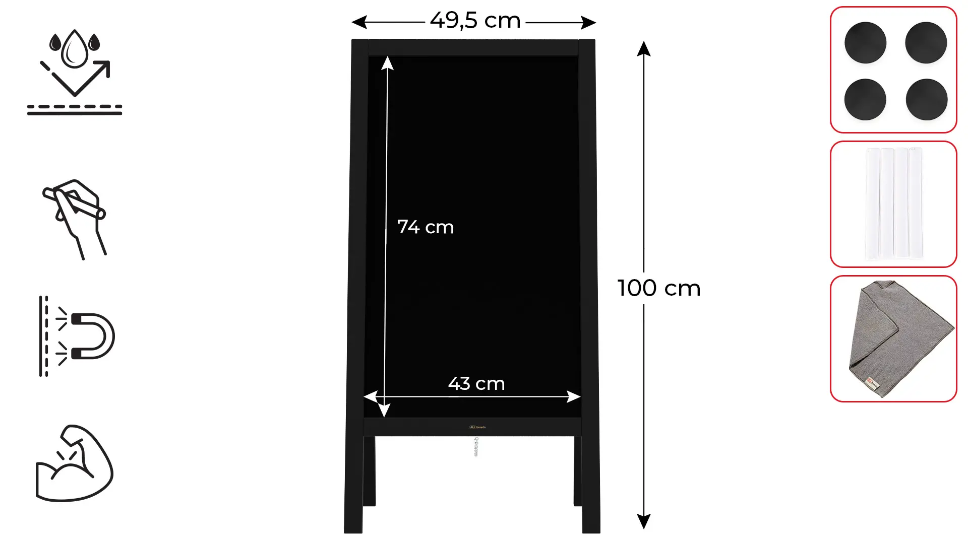 Lavagna per gesso magnetica con cavalletto 100x49,5 cm RESISTENTE ALL'ACQUA - NERO + ACCESSORI - immagine 2