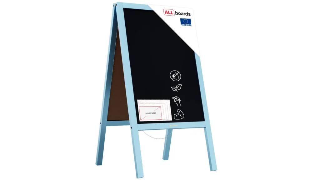 Lavagna per gesso con cavalletto azzurro pastello bifacciale 118x61 cm
