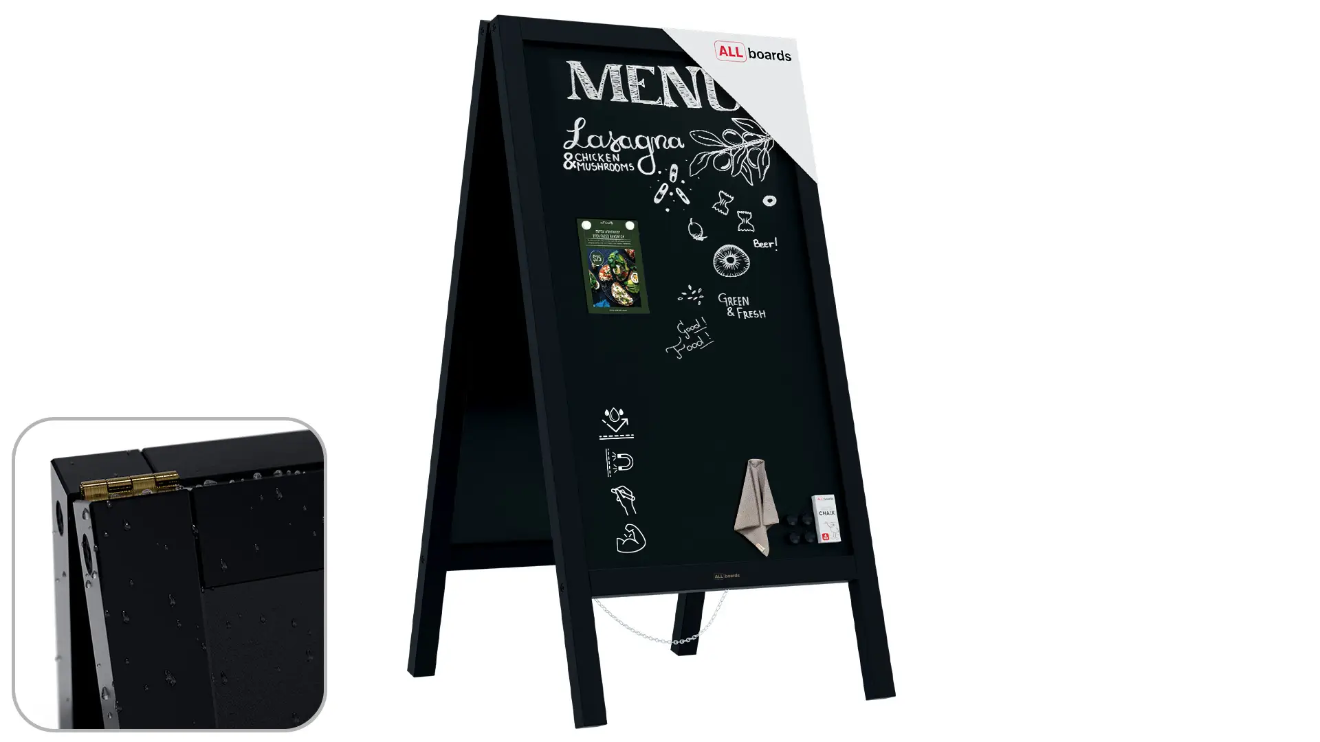 Lavagna per gesso magnetica con cavalletto 110x56 cm RESISTENTE ALL'ACQUA - NERO + ACCESSORI