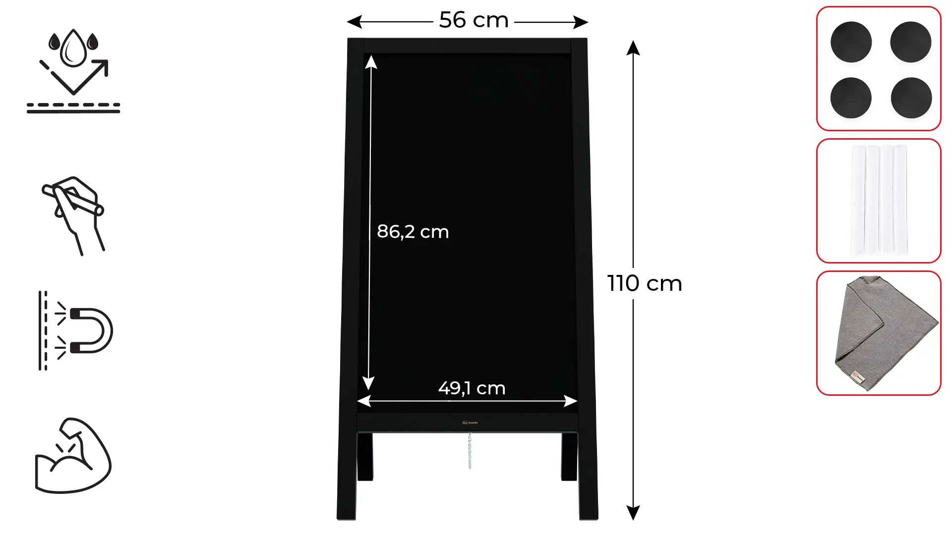 Lavagna per gesso magnetica con cavalletto 110x56 cm RESISTENTE ALL'ACQUA - NERO + ACCESSORI - immagine 2