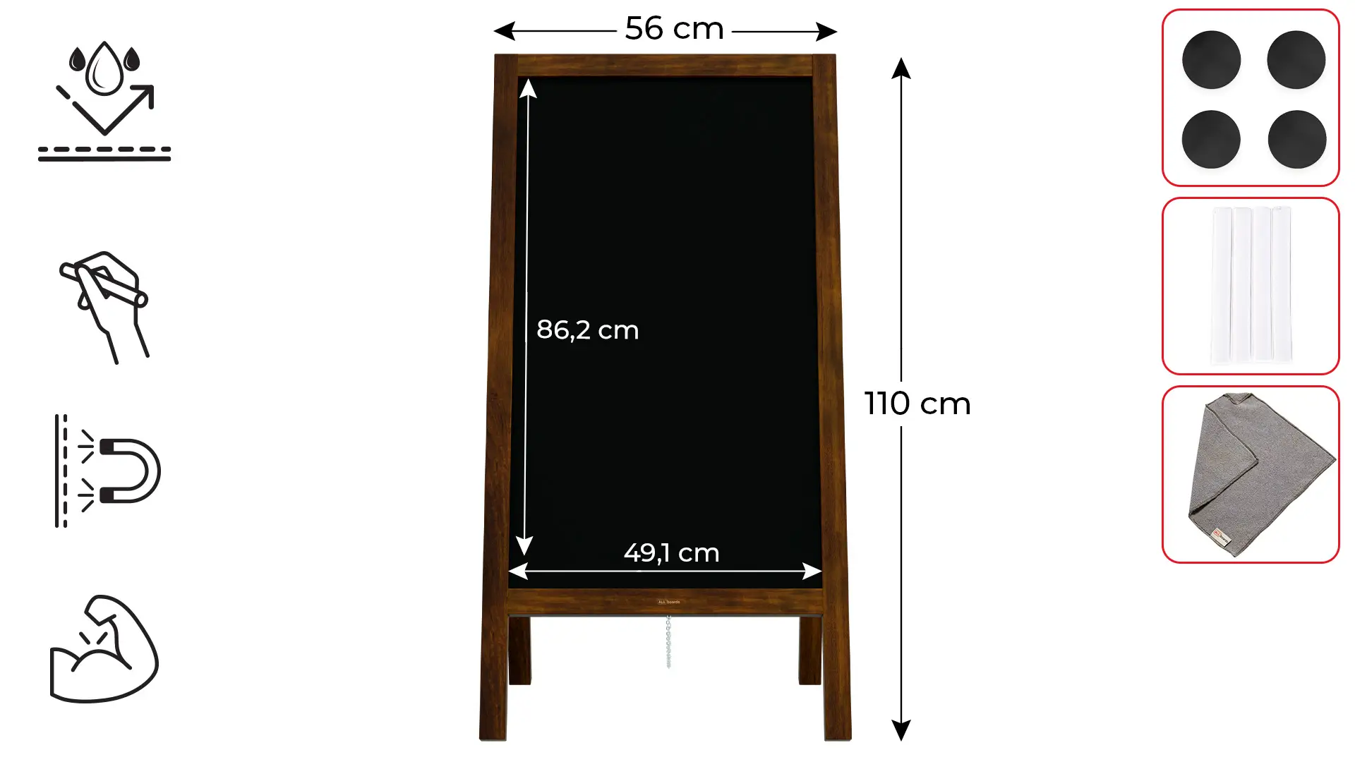 Lavagna per gesso magnetica con cavalletto 110x56 cm RESISTENTE ALL'ACQUA - MARRONE CLASSICO + ACCESSORI - immagine 2