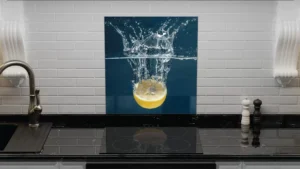 Paraschizzi in vetro per cucina ACQUA E LIMONE 60x65 cm Pannello di protezione per fornelli schizzi decorativa