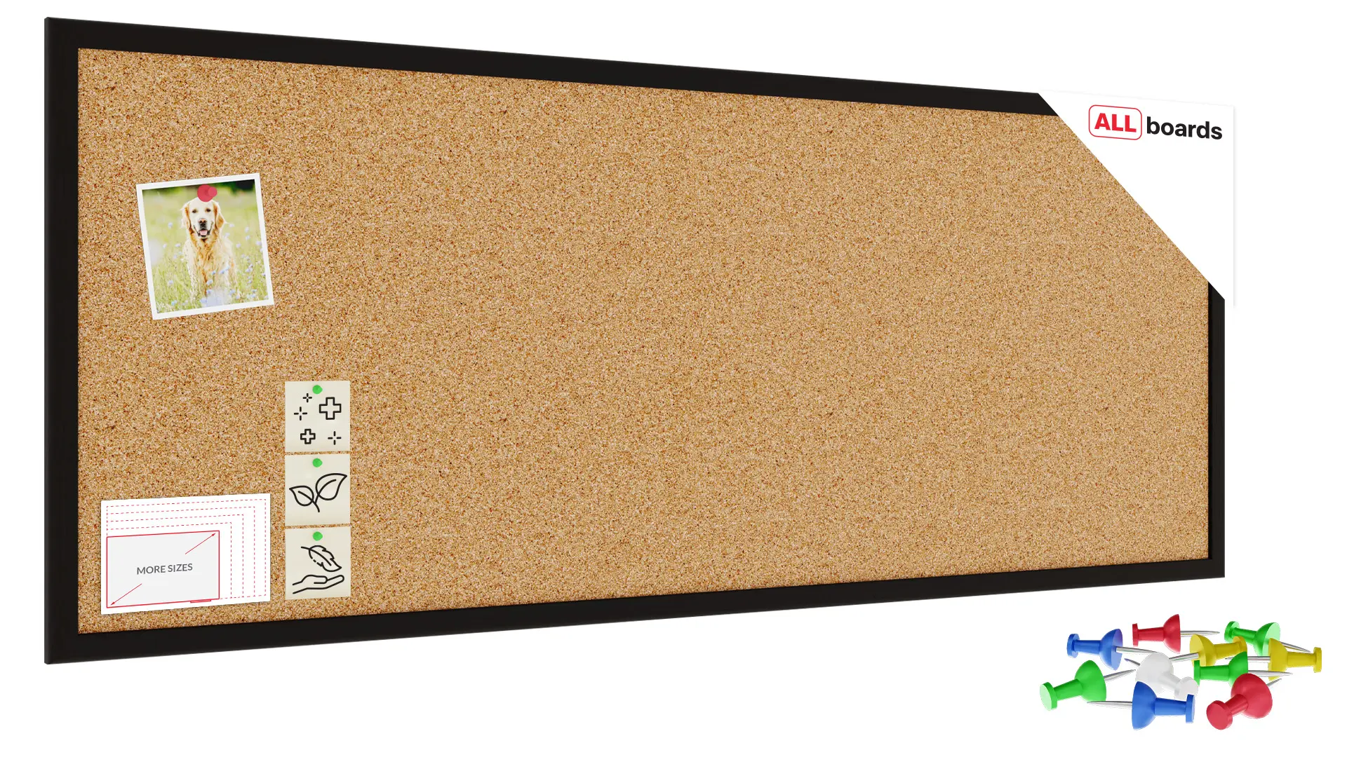 Bacheca in sughero 100x40 cm cornice in legno NERA + GRATIS