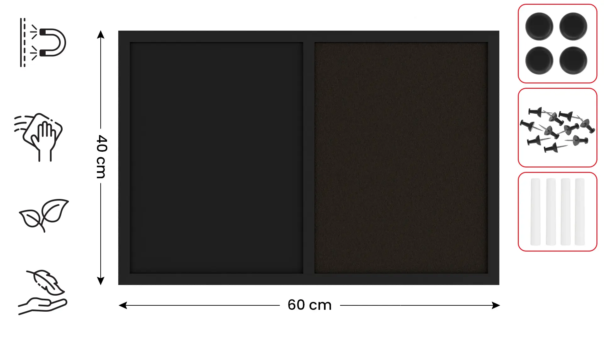 Lavagna in sughero COMBI sughero nero / magnetica nera 60x40 cornice in legno laccato nero - immagine 2
