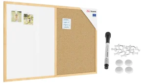 Lavagna magnetica e in sughero 90x60 cm COMBI con cornice in legno + ACCESSORI