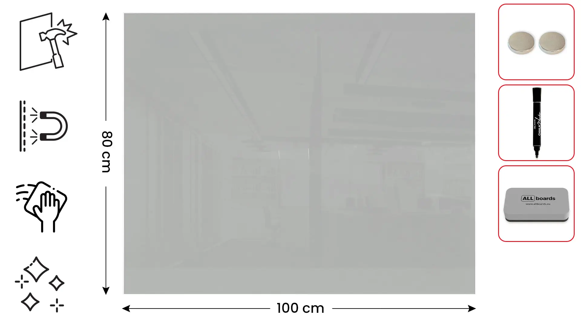 Lavagna in vetro grigia magnetica 100x80 cm - senza cornice, per calamite al neodimio - immagine 2