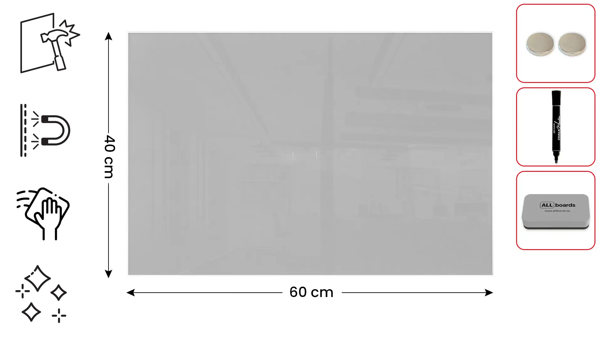 Lavagna in vetro griga magnetica 60x40 cm - senza cornice, per calamite al neodimio - immagine 2