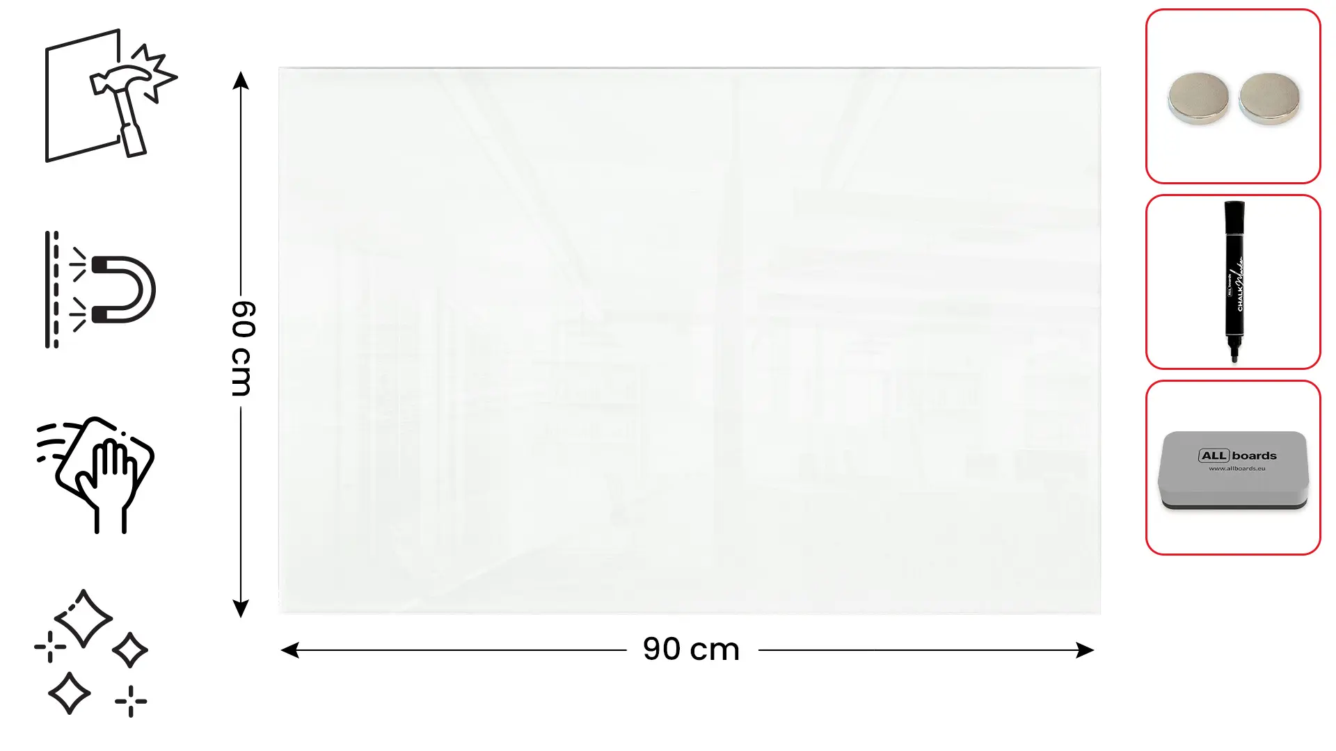 Lavagna in vetro bianca magnetica 90x60 cm CLASSIC + GRATIS - immagine 2