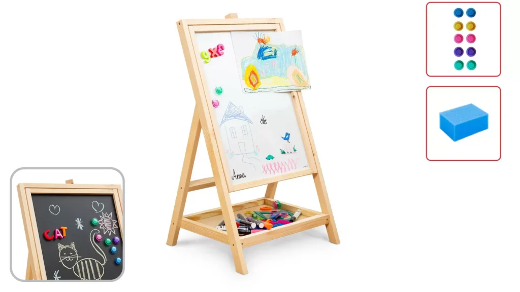 Lavagna per bambini con superficie girevole magnetica, struttura in legno, altezza 80 cm