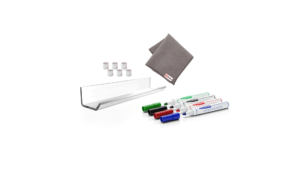 Set per lavagne in vetro: panno magnetico, 6 calamite al neodimio, ripiano in plastica acrilica, 4 pennarelli