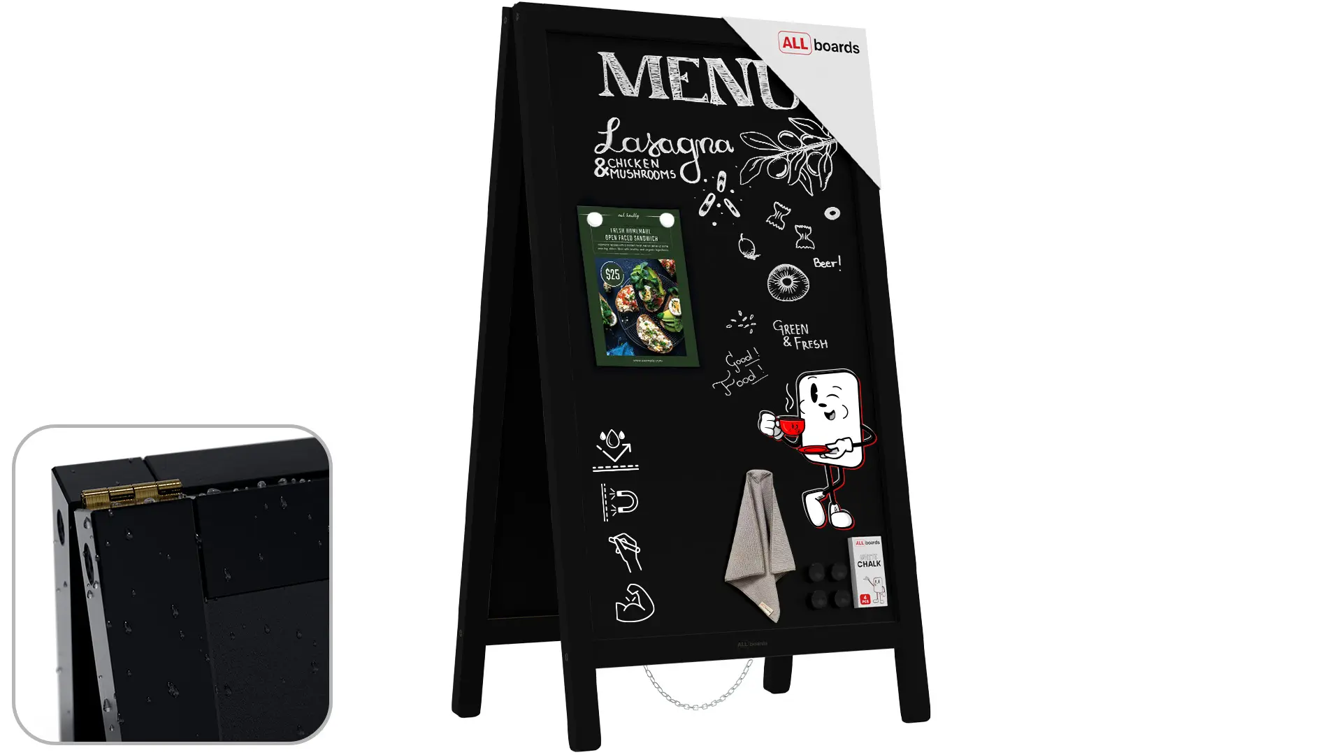 Lavagna per gesso a cavalletto bifacciale 80×45 cm resistente all'acqua NERO + ACCESSORI
