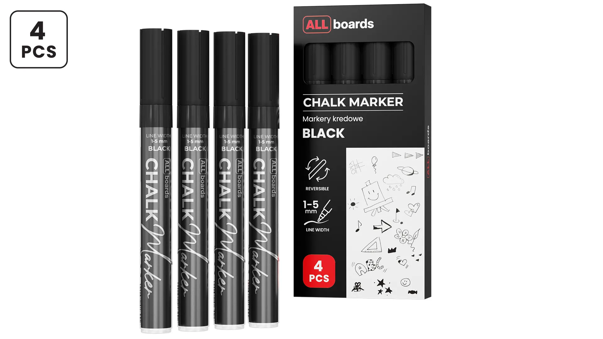 Set pennarelli a gesso liquido ALLboards - 4 pezzi - nero