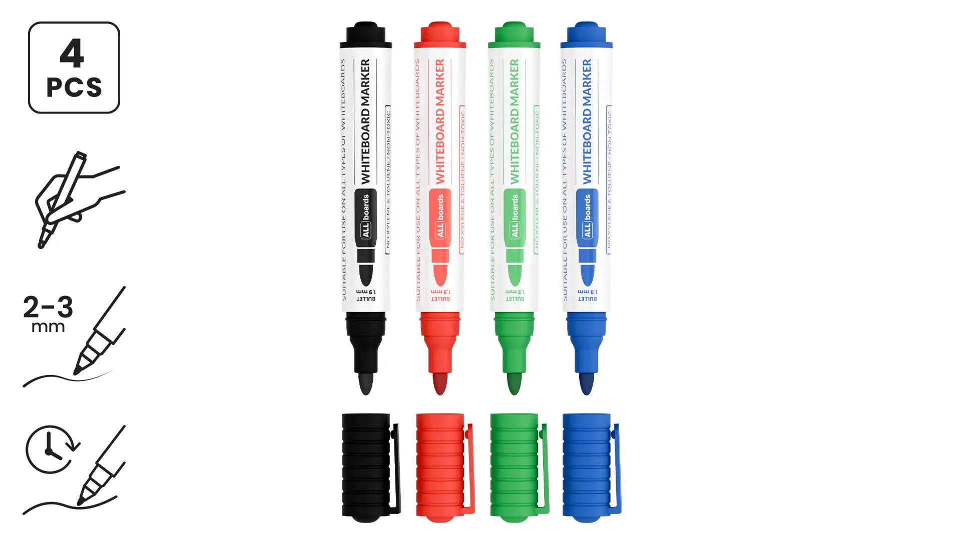 Set pennarelli cancellabili a secco ALLboards - 4 colori: Nero, Verde, Blu, Rosso - immagine 2