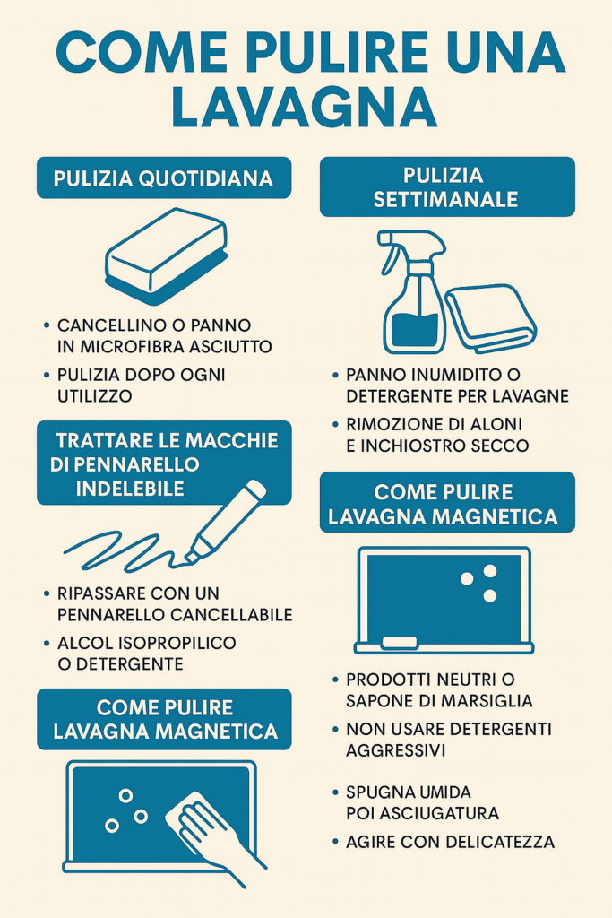infografica che mostra suggerimenti per la pulizia di una lavagna magnetica