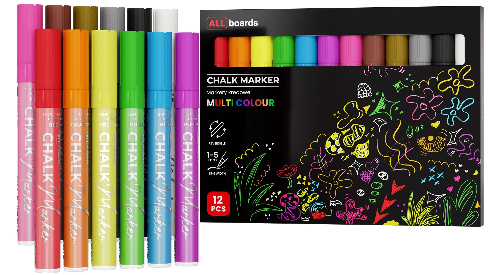 Set di pennarelli a gesso liquido ALLboards – 12 pz. colorati