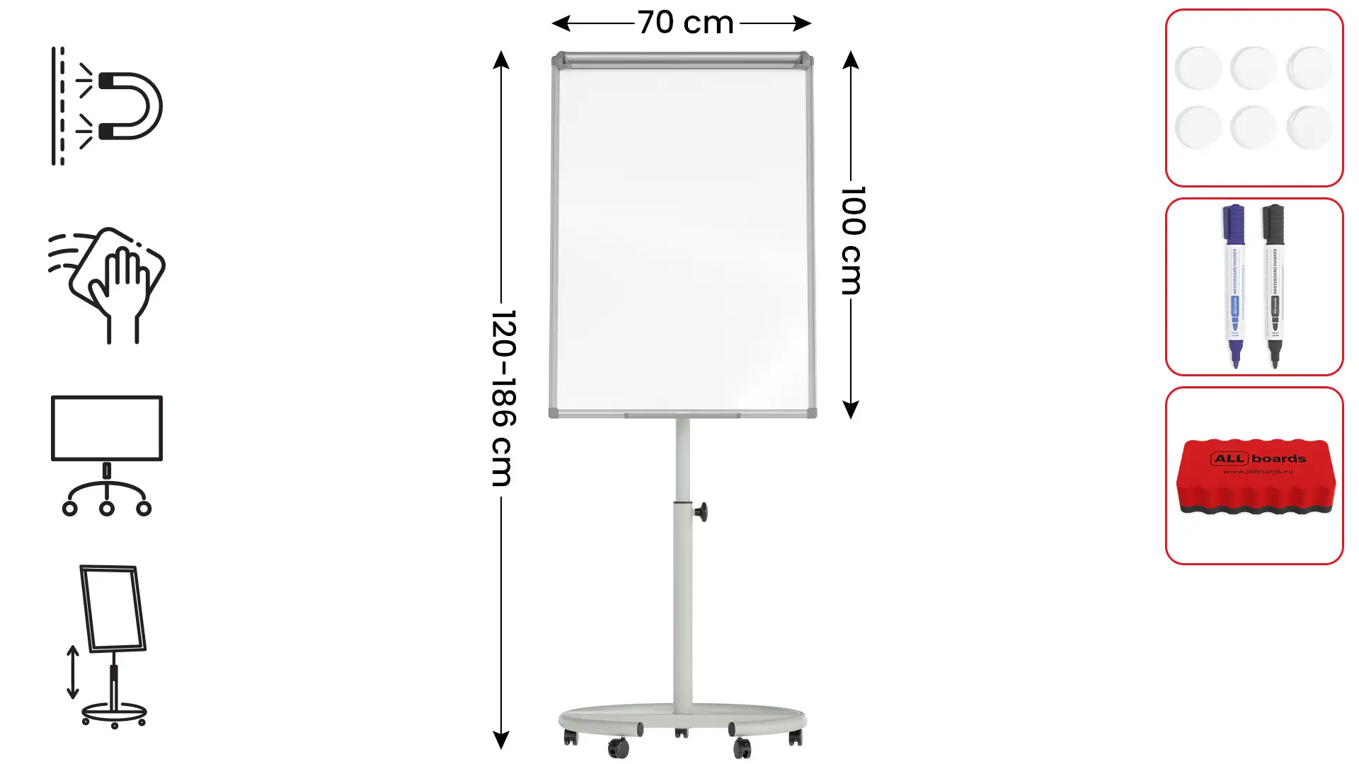 Flipchart magnetico cancellabile a secco su ruote 100x70 cm argento + ACCESSORI - immagine 2