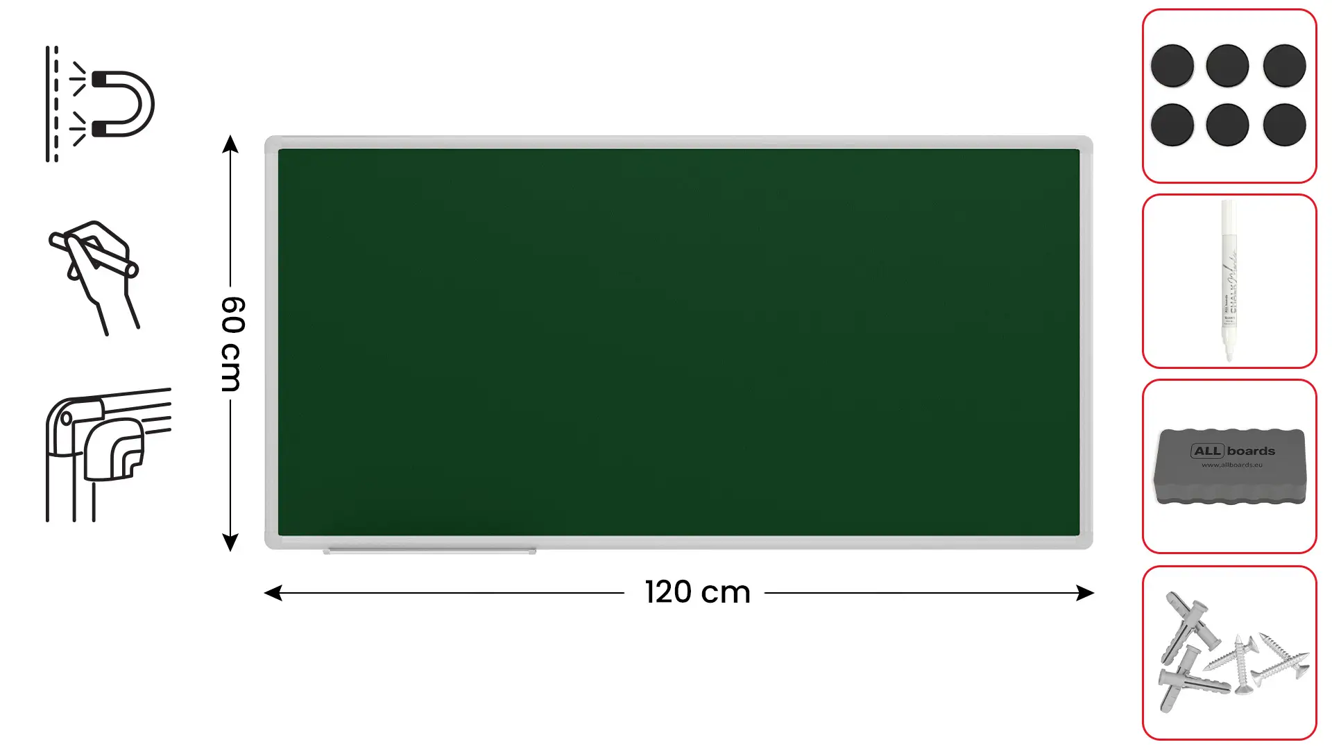 Lavagna MAGNETICA verde da gesso in cornice in alluminio 120x60 cm + ACCESSORI - immagine 2