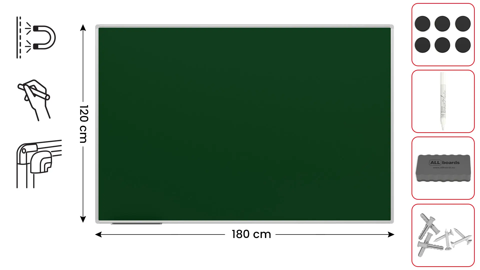 Lavagna MAGNETICA verde da gesso in cornice in alluminio 180x120 cm + ACCESSORI - immagine 2