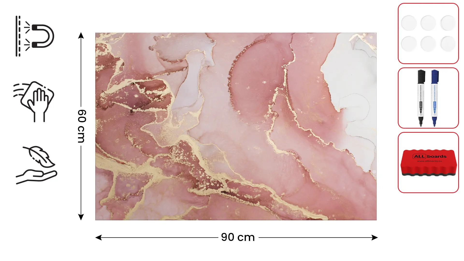 Lavagna per calamite METALboards, marmo rosa 90x60 cm + accessori GRATIS - immagine 2