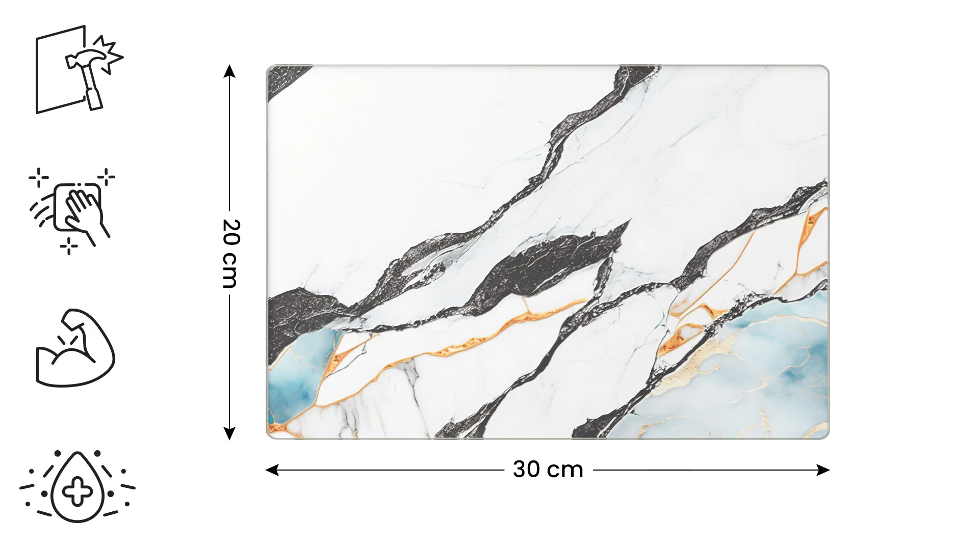 Tagliere in vetro MARMO, ORO E AZZURRO 30×20 cm - immagine 2