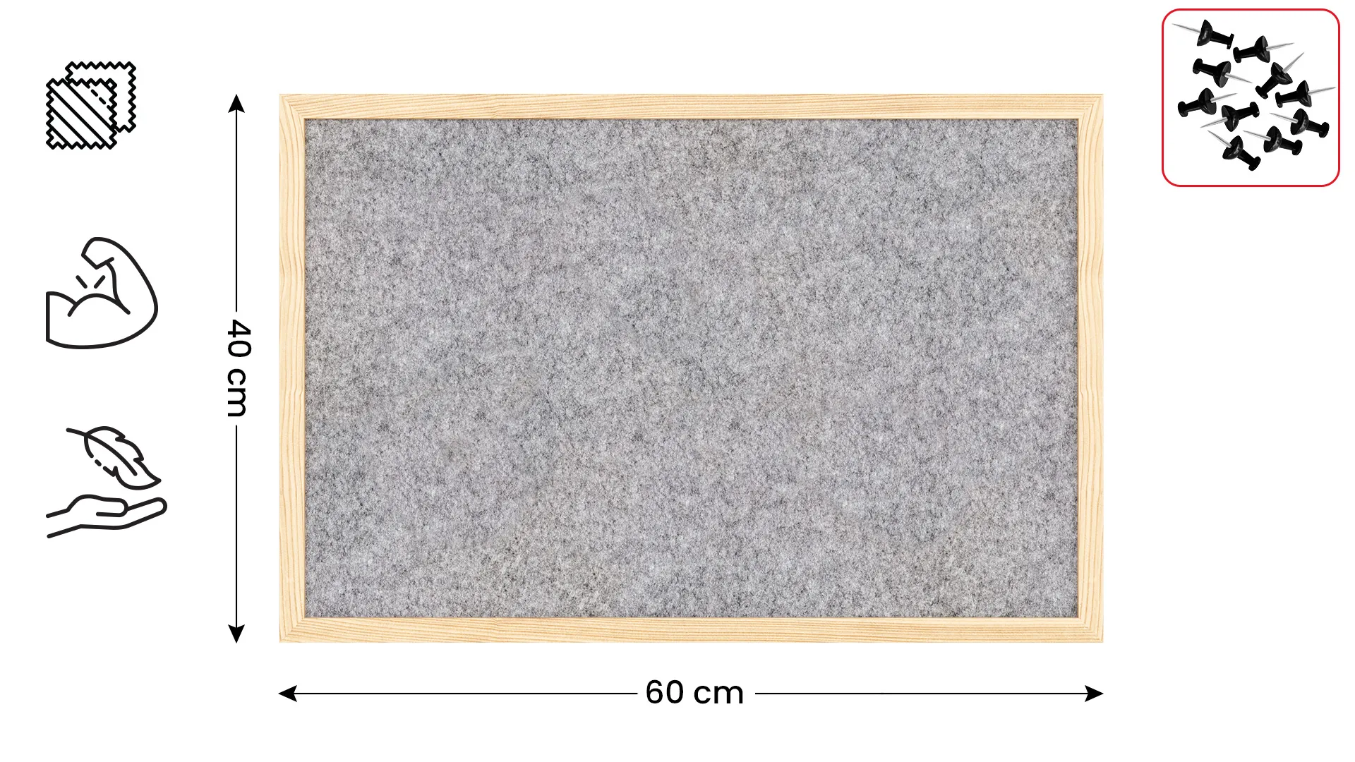 Lavagna in tessuto (feltro) 60×40 cm grigio chiaro cornice in legno laccato - immagine 2