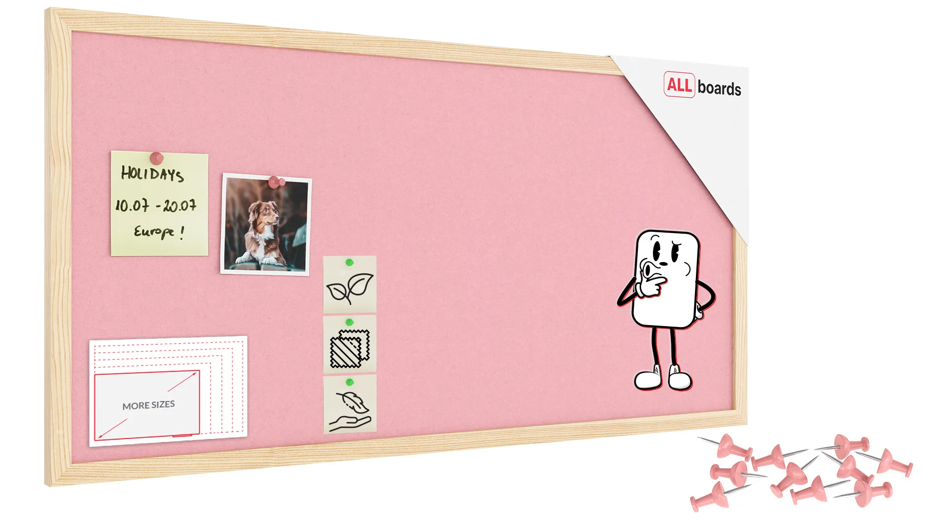 Lavagna in tessuto (feltro) 80x40 cm rosa cornice in legno laccato